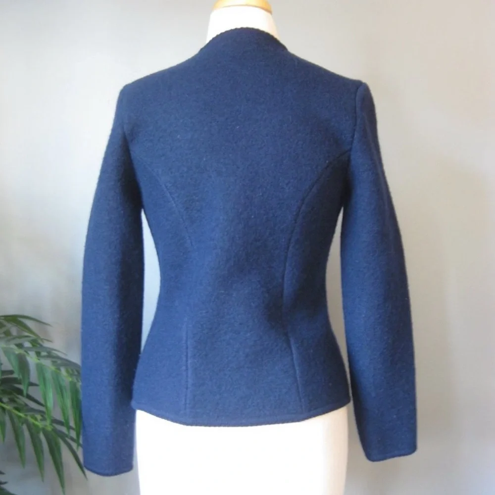 Boiled Wool Cardigan Sweater / Vtg / Skyr Navy Wool Cardigan with pink rose - Picture 5 of 6